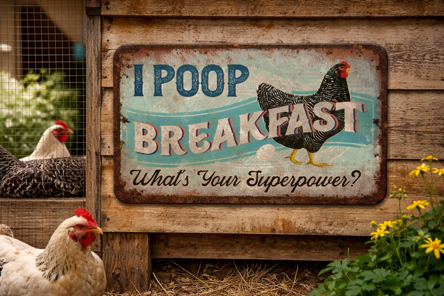 I Poop Breakfast What's Your Superpower - Funny Chicken Metal Sign