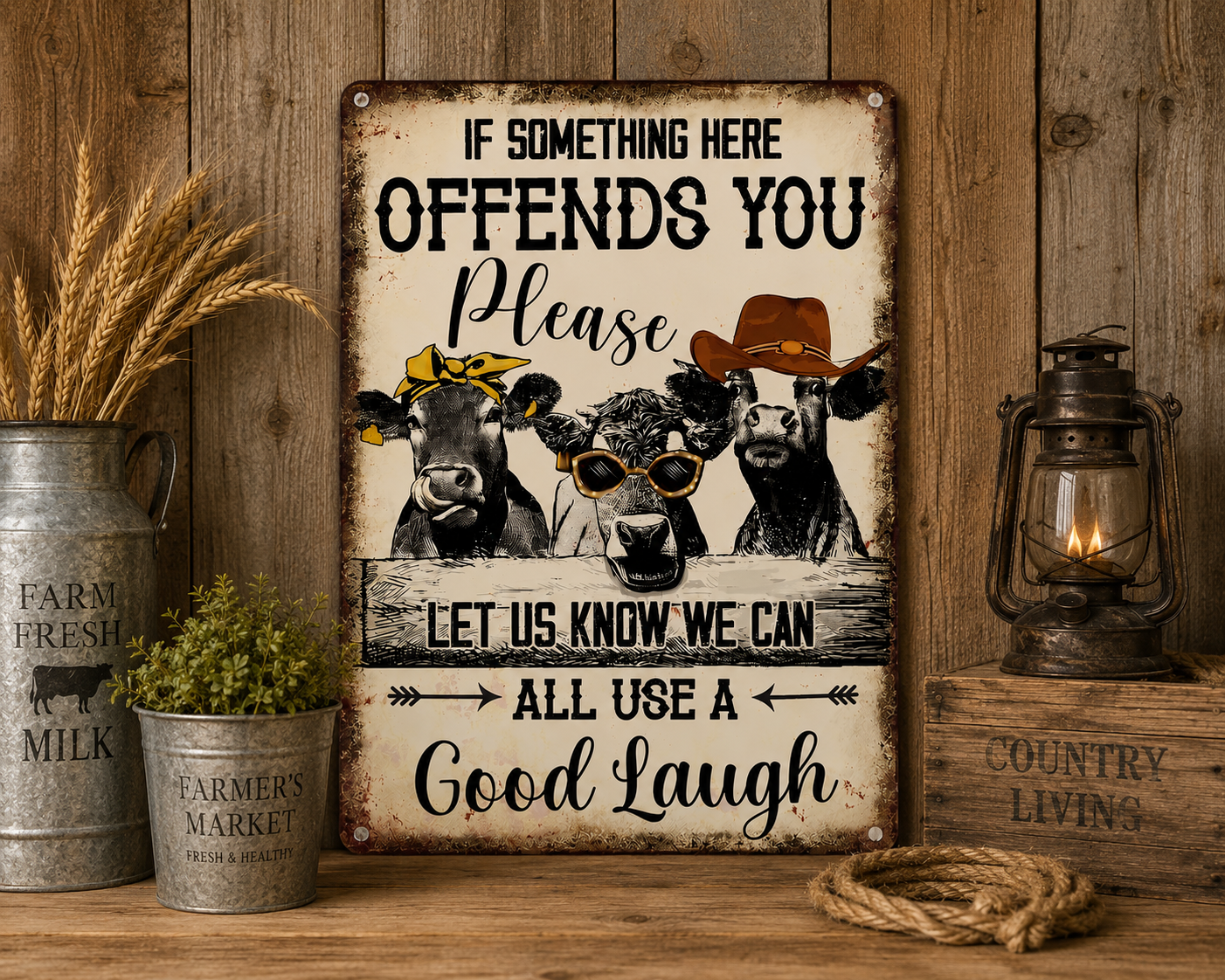 If Something Here Offends You Pleas Let Us Know We Can Alll Us A Good Laugh - Funny Cow Metal Sign