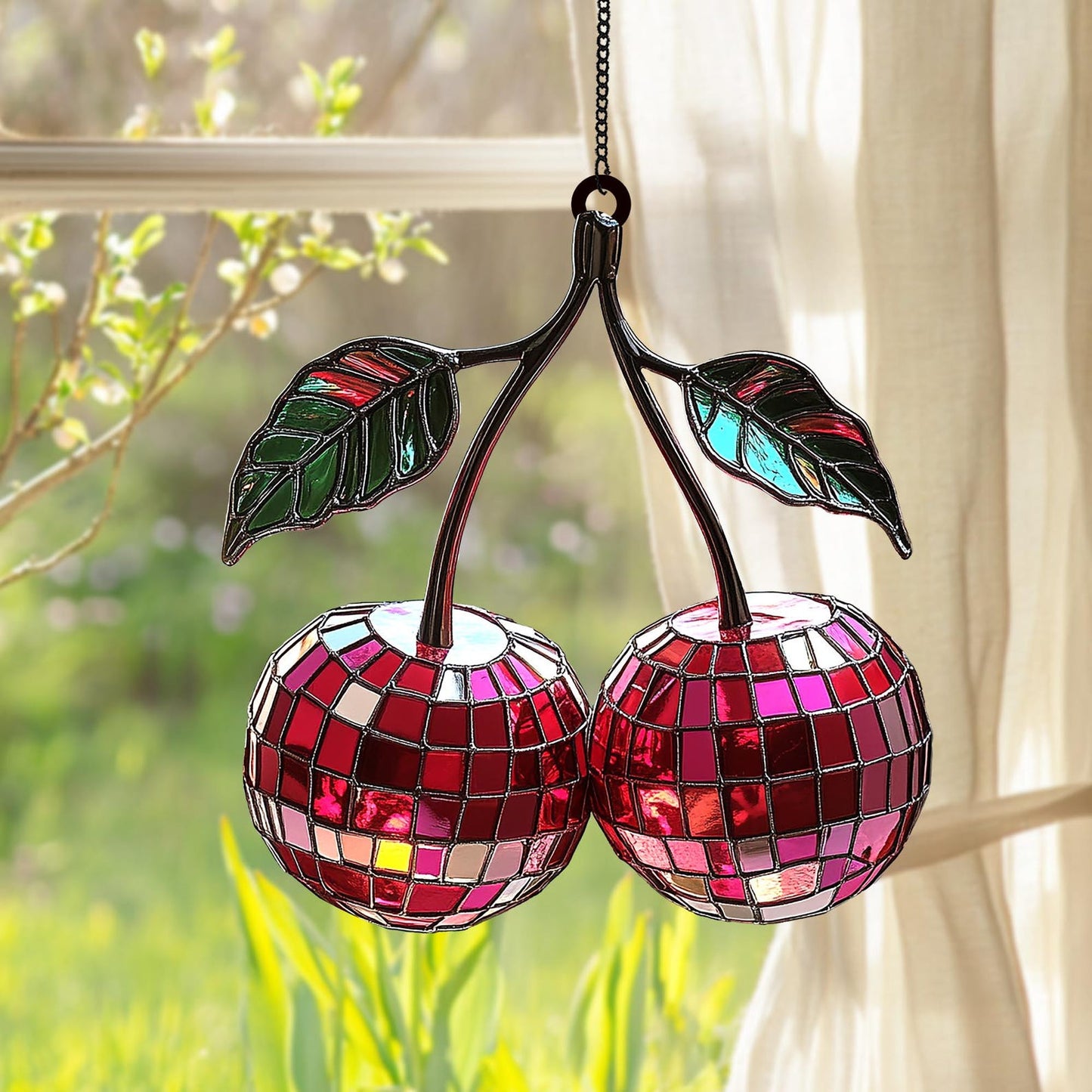 Cherry Disco Ball  Suncatcher - Personalized Shape Stained Glass Suncatcher