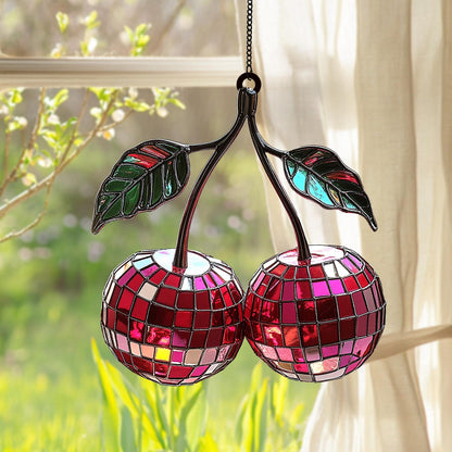 Cherry Disco Ball  Suncatcher - Personalized Shape Stained Glass Suncatcher