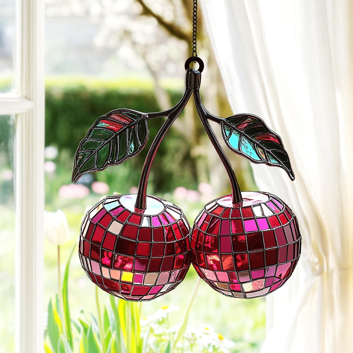 Cherry Disco Ball  Suncatcher - Personalized Shape Stained Glass Suncatcher