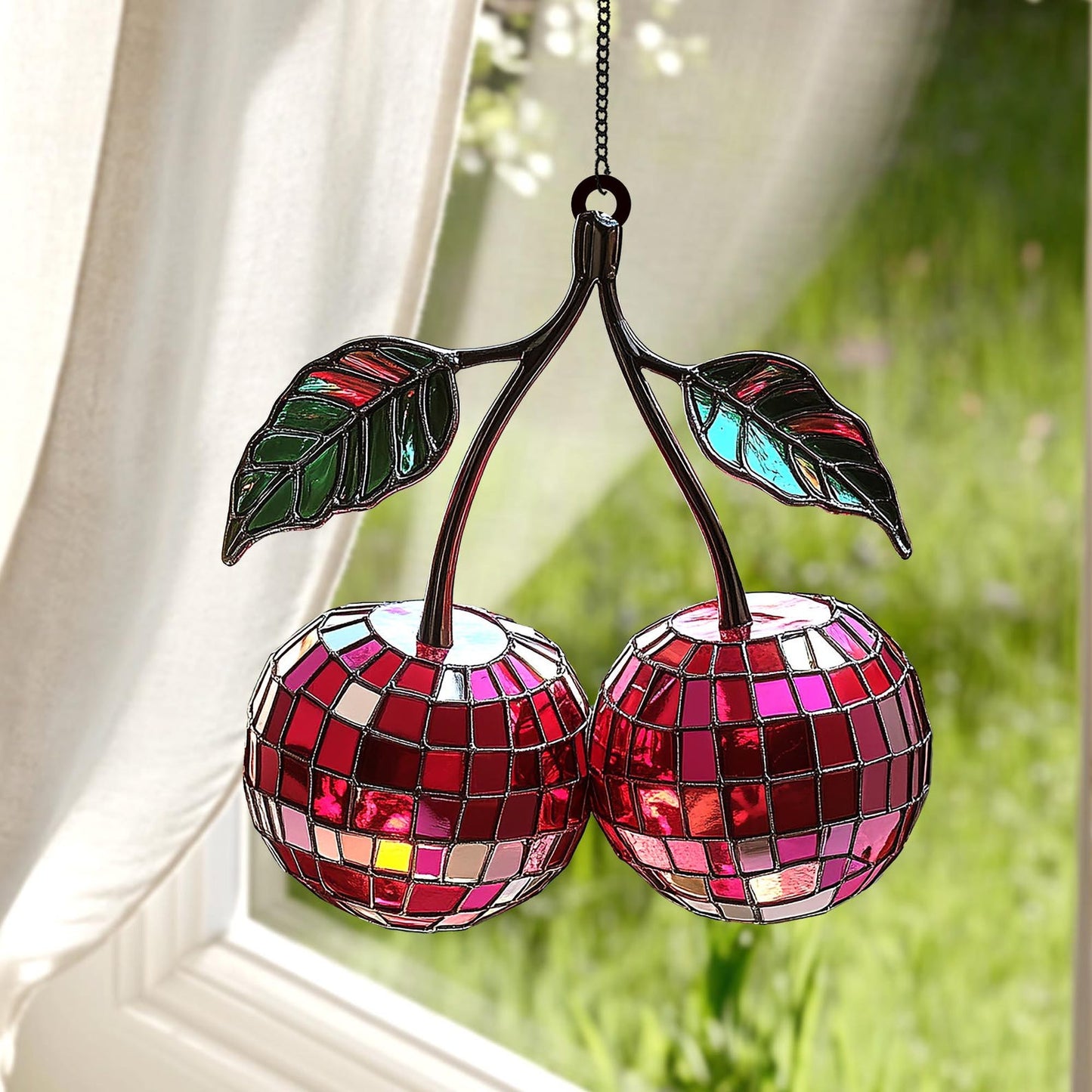 Cherry Disco Ball  Suncatcher - Personalized Shape Stained Glass Suncatcher