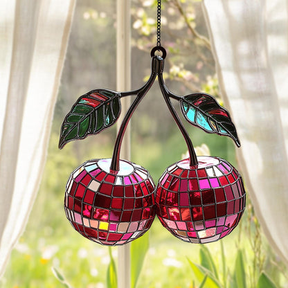 Cherry Disco Ball  Suncatcher - Personalized Shape Stained Glass Suncatcher