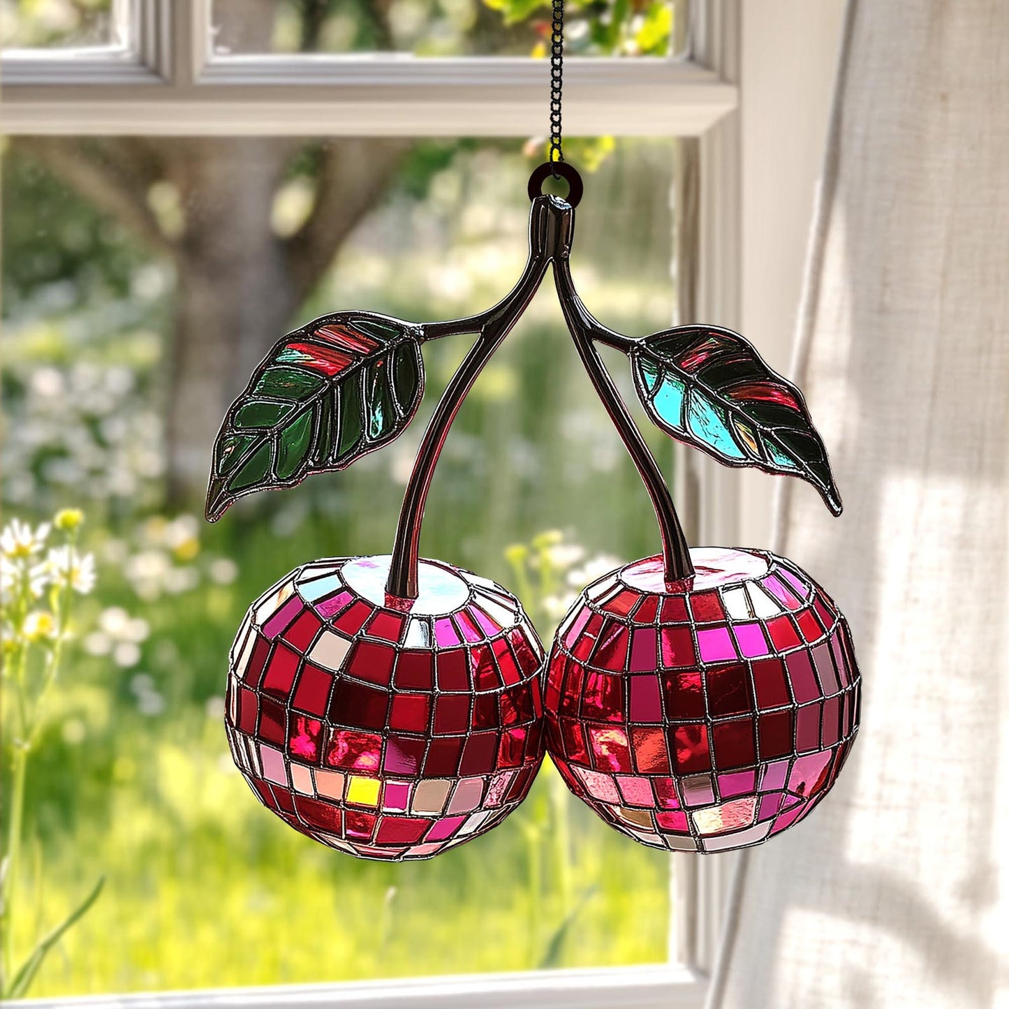 Cherry Disco Ball  Suncatcher - Personalized Shape Stained Glass Suncatcher