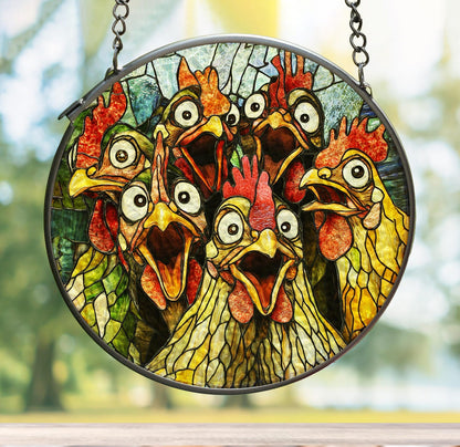 Crazy Chicken Suncatcher Stained Glass Window Hanging -  Funny Farmhouse Home Decor