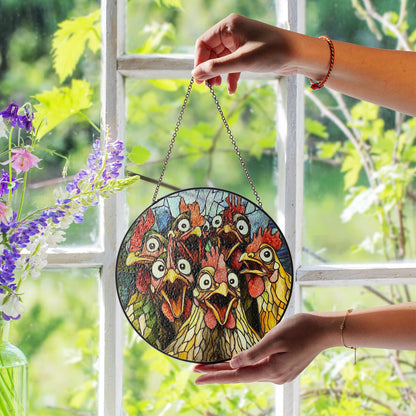 Crazy Chicken Suncatcher Stained Glass Window Hanging -  Funny Farmhouse Home Decor