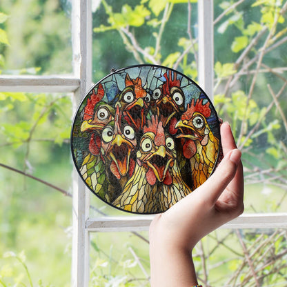 Crazy Chicken Suncatcher Stained Glass Window Hanging -  Funny Farmhouse Home Decor