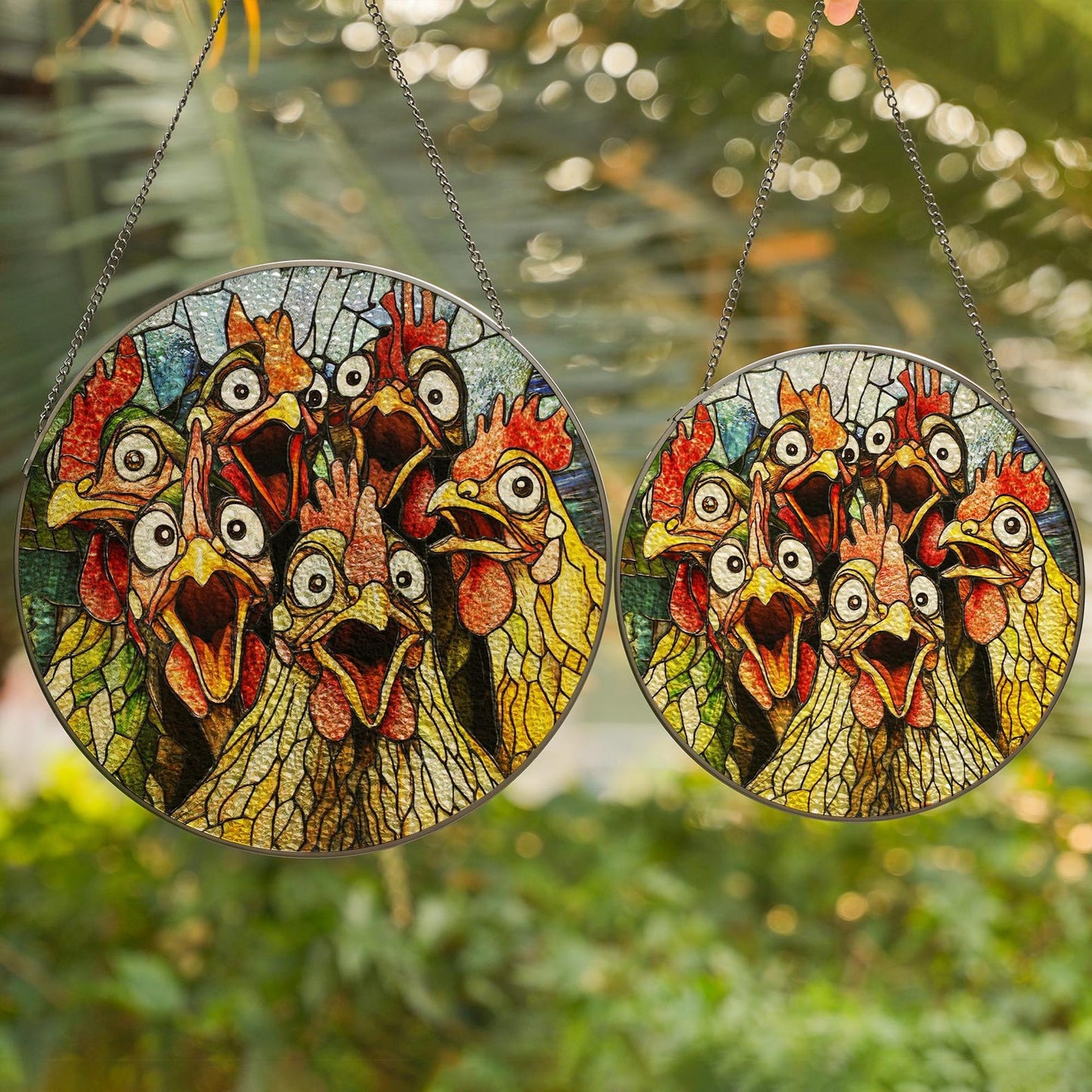 Crazy Chicken Suncatcher Stained Glass Window Hanging -  Funny Farmhouse Home Decor
