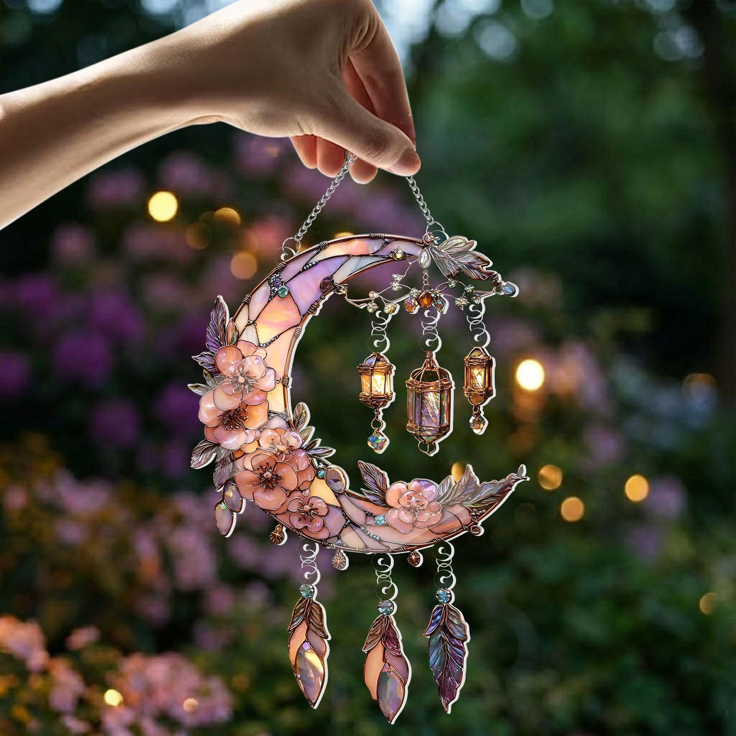 Crescent Moon Boho Spiritual  Faux Stained Glass Acrylic Suncatcher