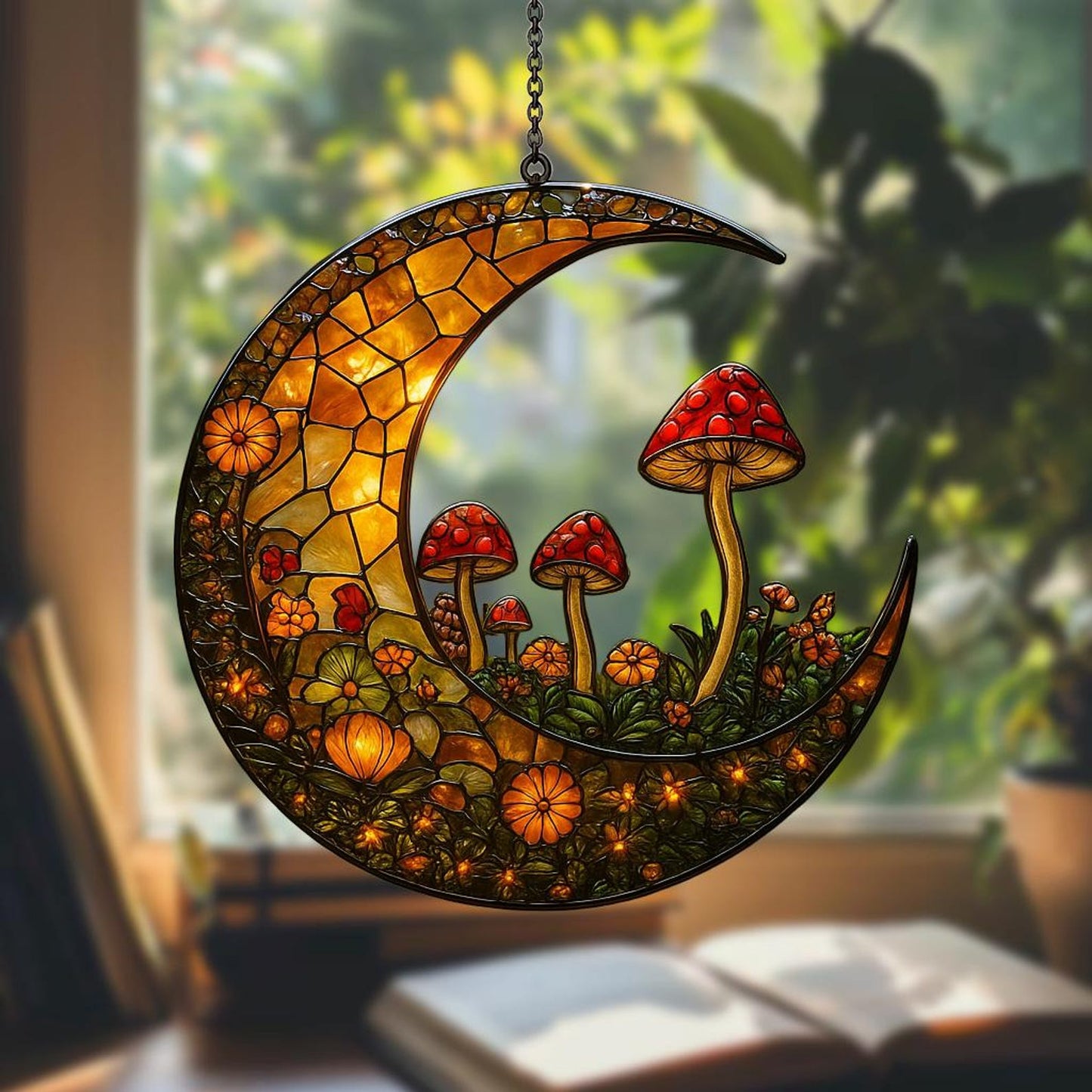 Crescent Moon Suncatcher with Mushrooms and Flower Acrylic Suncatcher - Beautiful Shape Stained Glass Suncatcher