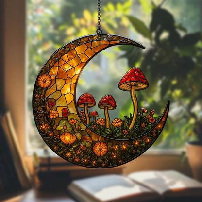 Crescent Moon Suncatcher with Mushrooms and Flower Acrylic Suncatcher - Beautiful Shape Stained Glass Suncatcher