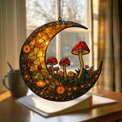 Crescent Moon Suncatcher with Mushrooms and Flower Acrylic Suncatcher - Beautiful Shape Stained Glass Suncatcher