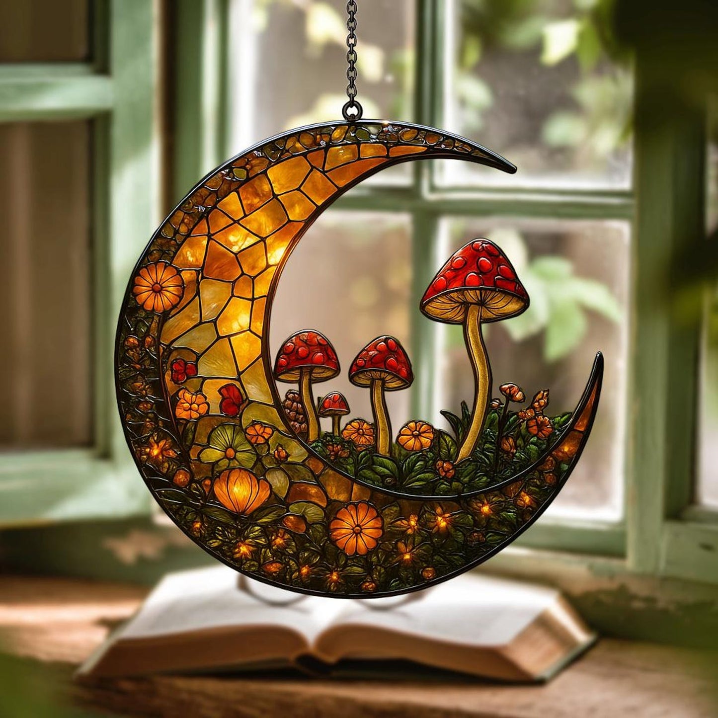 Crescent Moon Suncatcher with Mushrooms and Flower Acrylic Suncatcher - Beautiful Shape Stained Glass Suncatcher