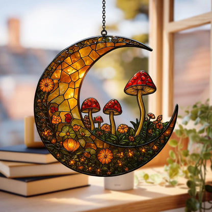 Crescent Moon Suncatcher with Mushrooms and Flower Acrylic Suncatcher - Beautiful Shape Stained Glass Suncatcher