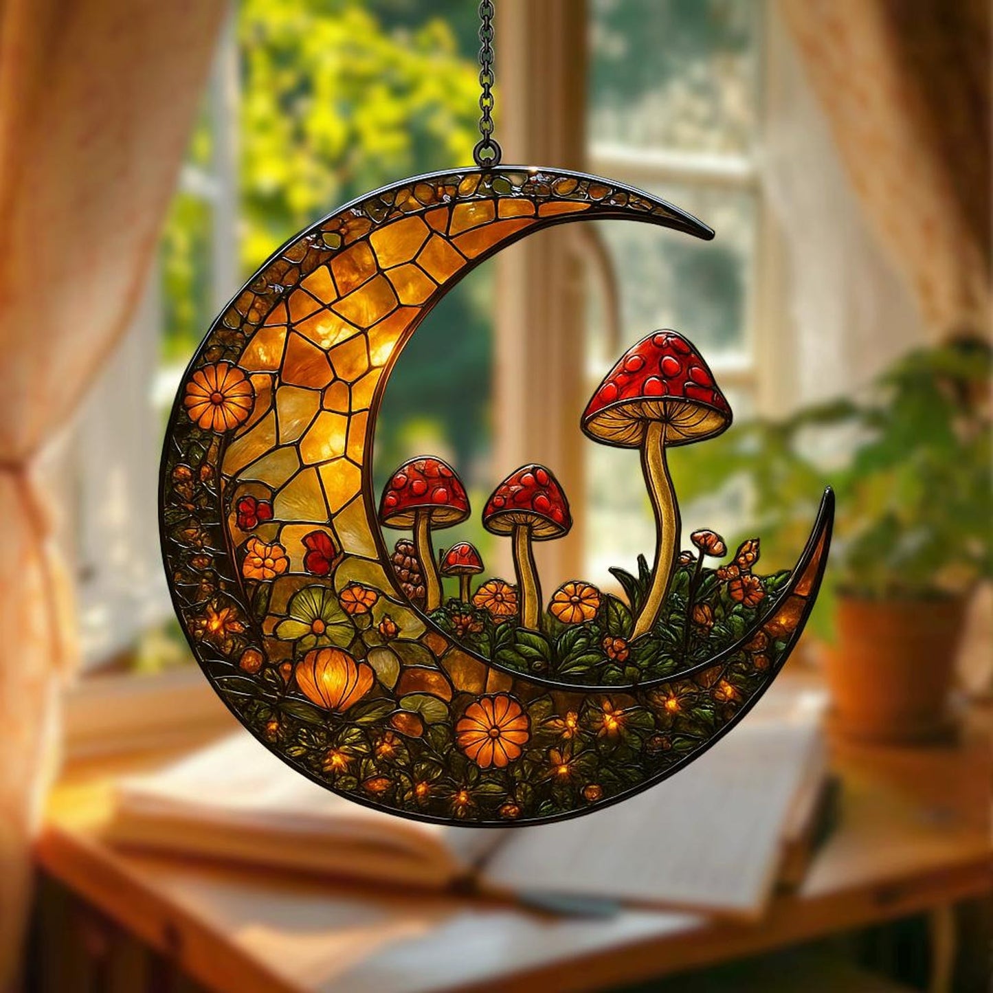 Crescent Moon Suncatcher with Mushrooms and Flower Acrylic Suncatcher - Beautiful Shape Stained Glass Suncatcher