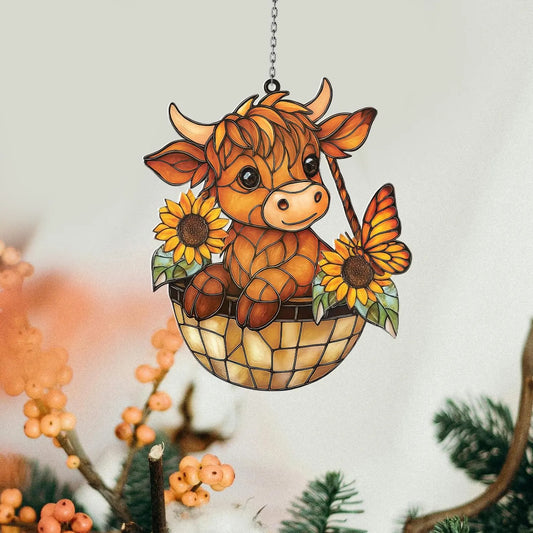 Highland Cow Sunflower - Personalized Window Hanging Suncatcher Acrylic