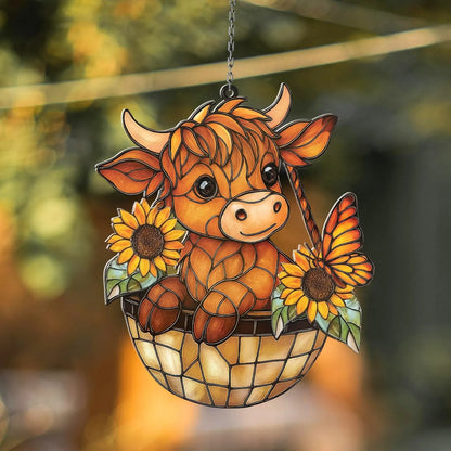 Highland Cow Sunflower - Personalized Window Hanging Suncatcher Acrylic