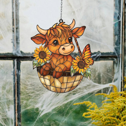 Highland Cow Sunflower - Personalized Window Hanging Suncatcher Acrylic