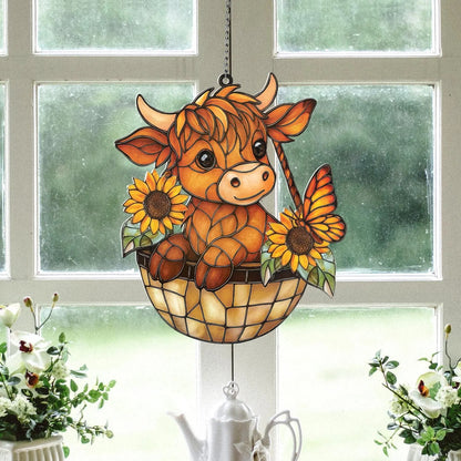 Highland Cow Sunflower - Personalized Window Hanging Suncatcher Acrylic