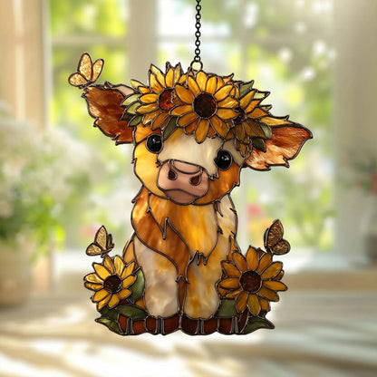 Highland Cow Sunflower - Personalized Window Hanging Suncatcher Acrylic
