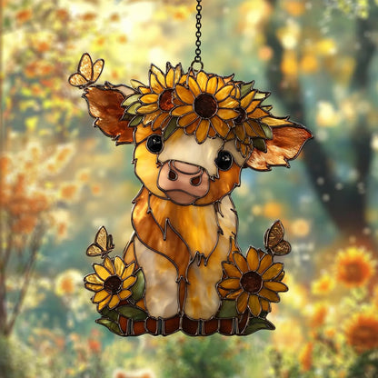 Highland Cow Sunflower - Personalized Window Hanging Suncatcher Acrylic