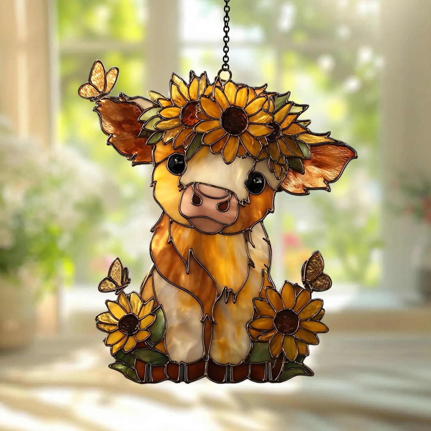 Highland Cow Sunflower - Personalized Window Hanging Suncatcher Acrylic