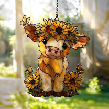 Highland Cow Sunflower - Personalized Window Hanging Suncatcher Acrylic