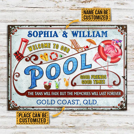 Personalized Flamingo Pool Memories Last Forever Metal Signs