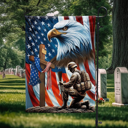 Patriotic Eagle Veteran Kneeling Soldier Christ Cross Memorial Garden Flag, House Flag