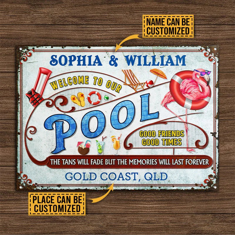 Personalized Flamingo Pool Memories Last Forever Metal Signs
