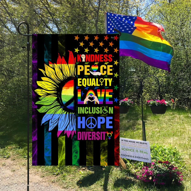 Kindness Peace Equality Love Inclusion Hope Diversity Sunflower Garden Flag, House Flag