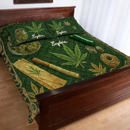 Magic Green Pink Leaf - Personalized Weed Quilt Set