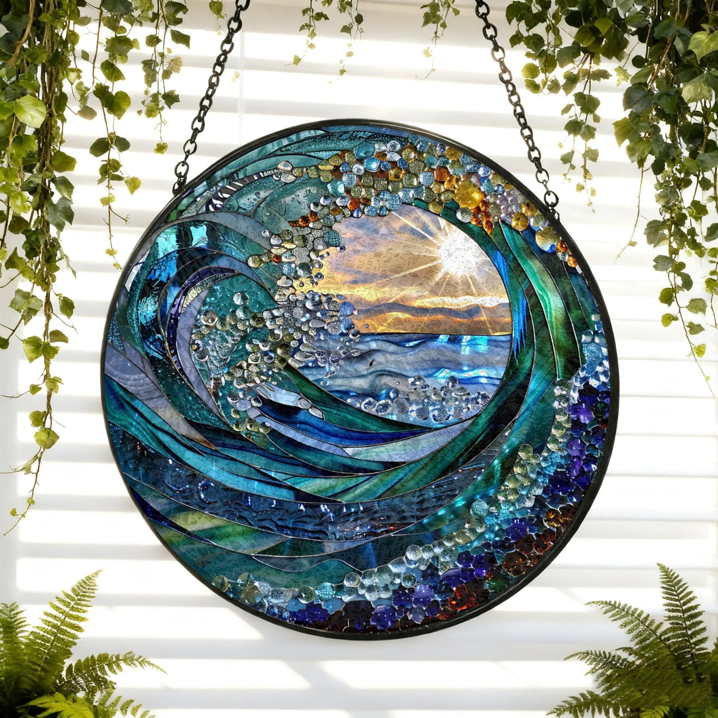 Ocean Wave Stained Glass Suncatcher - Home Decor