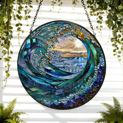 Ocean Wave Stained Glass Suncatcher - Home Decor