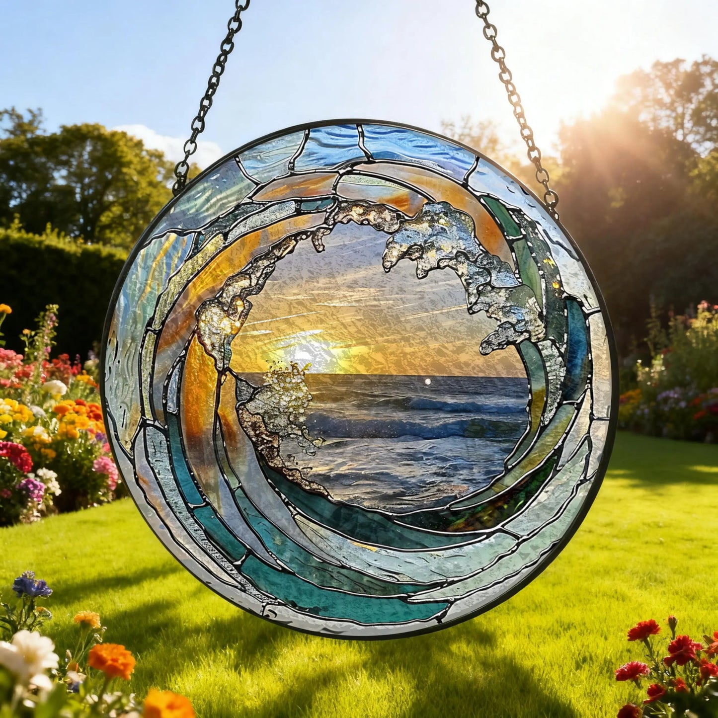 Ocean Wave Stained Glass Suncatcher - Home Decor