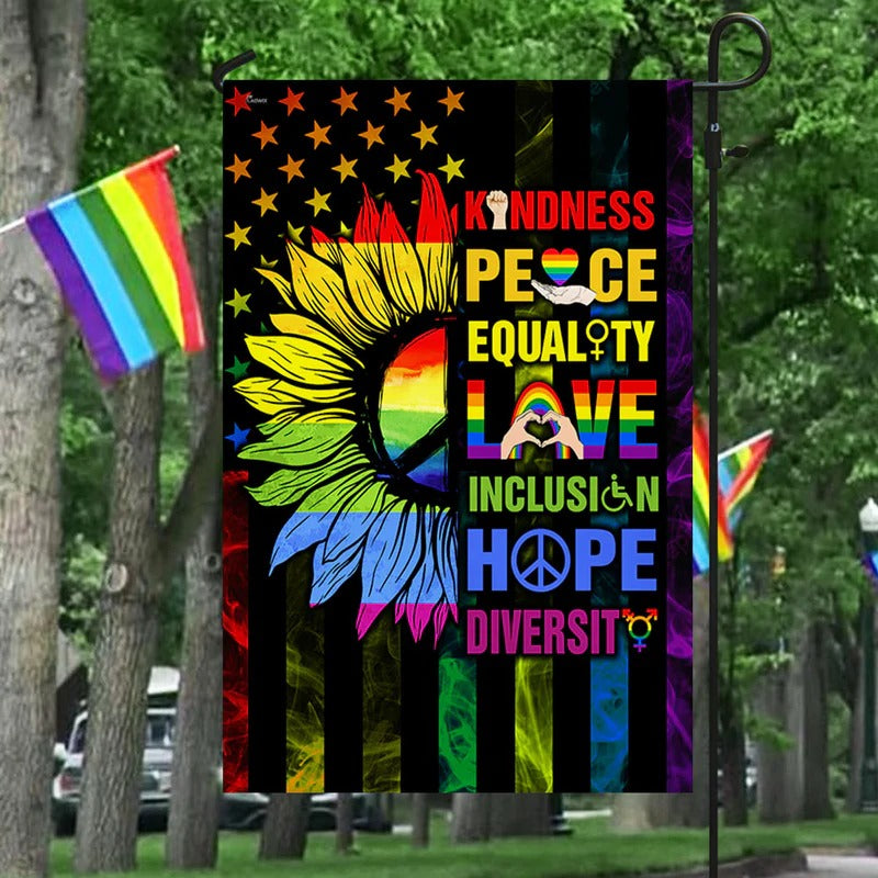 Kindness Peace Equality Love Inclusion Hope Diversity Sunflower Garden Flag, House Flag