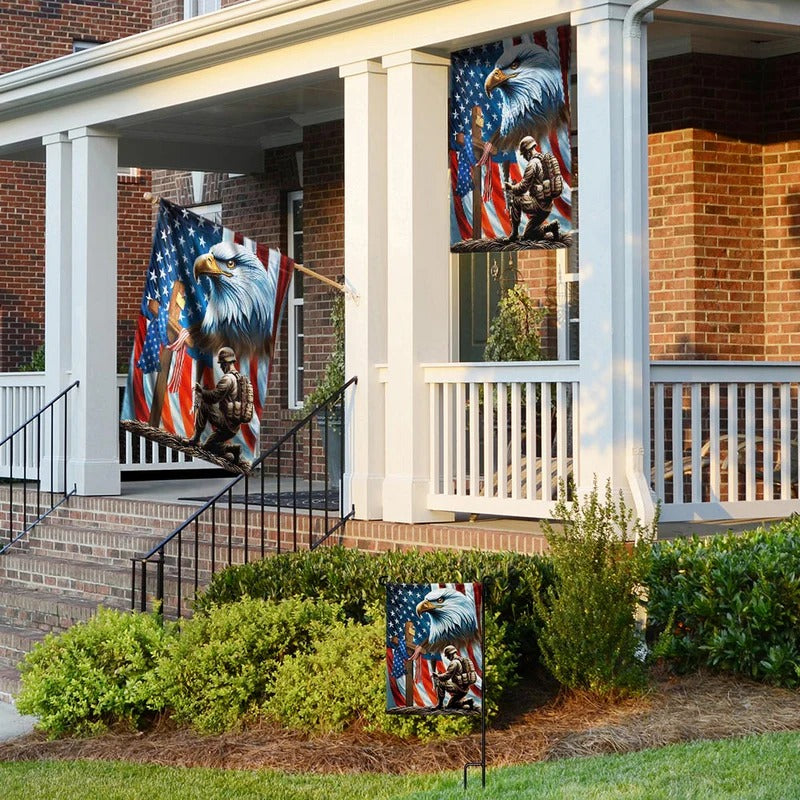Patriotic Eagle Veteran Kneeling Soldier Christ Cross Memorial Garden Flag, House Flag