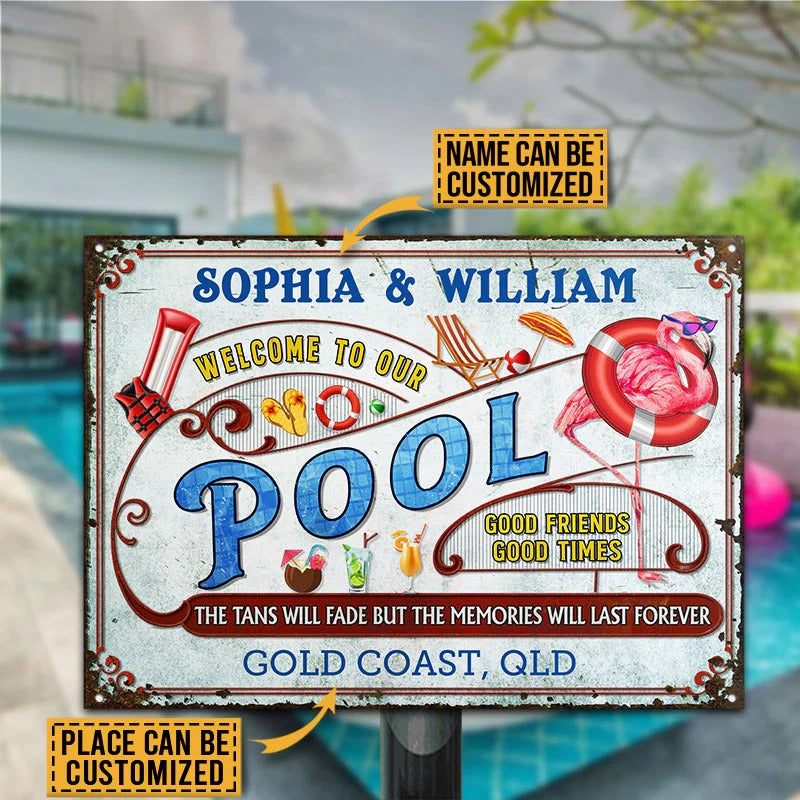 Personalized Flamingo Pool Memories Last Forever Metal Signs