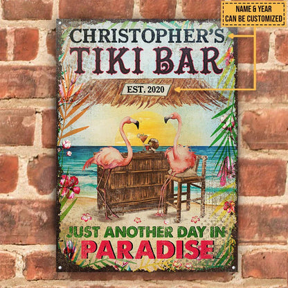 Personalized Flamingo Tiki Bar Just Another Day Customized Classic Metal Sign