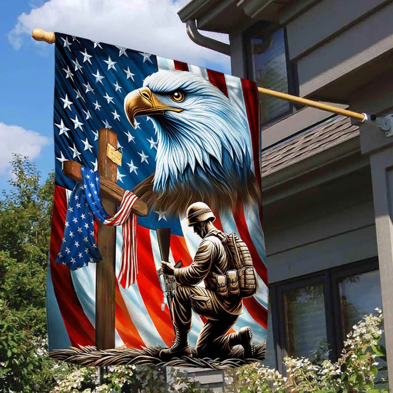 Patriotic Eagle Veteran Kneeling Soldier Christ Cross Memorial Garden Flag, House Flag