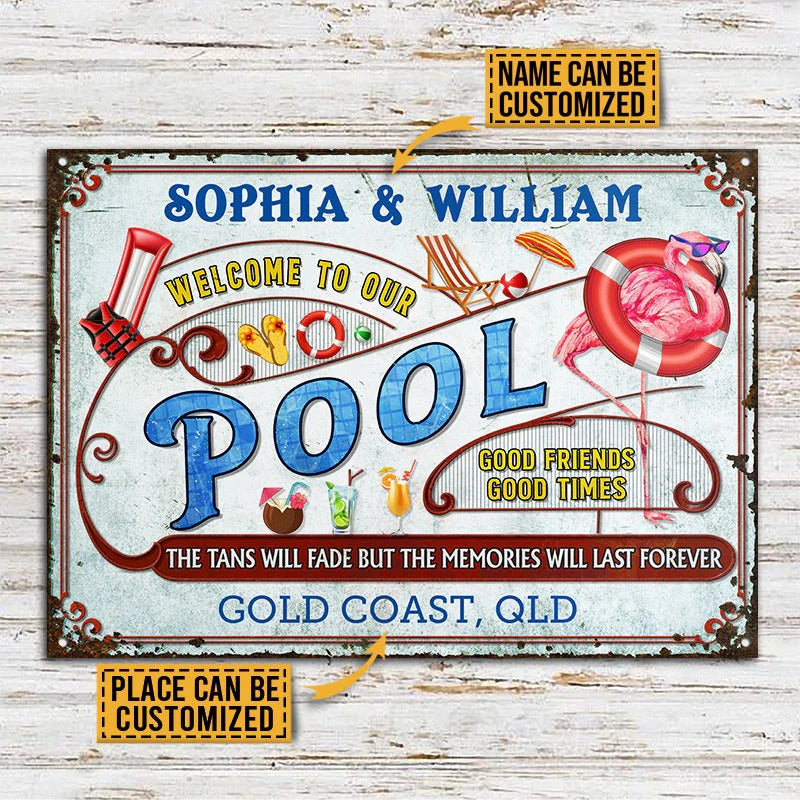 Personalized Flamingo Pool Memories Last Forever Metal Signs