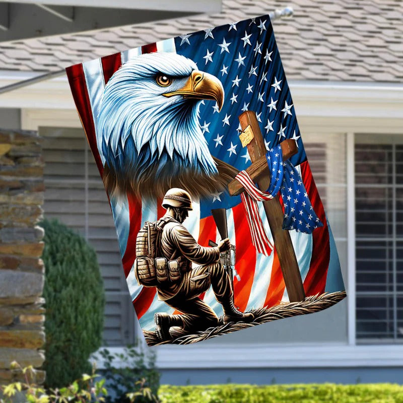 Patriotic Eagle Veteran Kneeling Soldier Christ Cross Memorial Garden Flag, House Flag