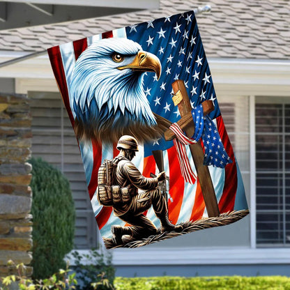Patriotic Eagle Veteran Kneeling Soldier Christ Cross Memorial Garden Flag, House Flag