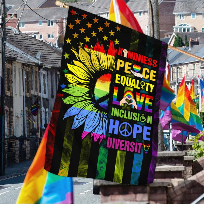 Kindness Peace Equality Love Inclusion Hope Diversity Sunflower Garden Flag, House Flag