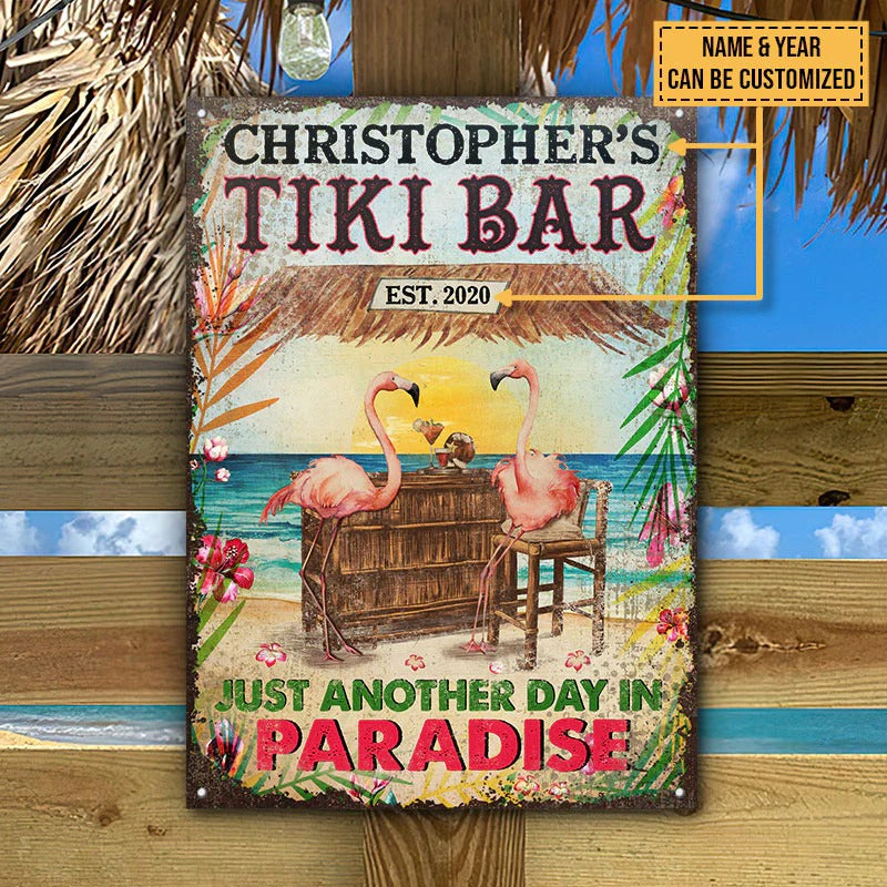 Personalized Flamingo Tiki Bar Just Another Day Customized Classic Metal Sign