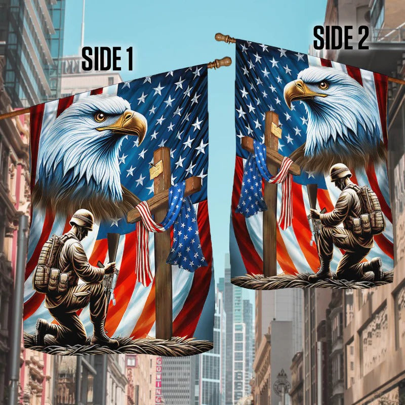 Patriotic Eagle Veteran Kneeling Soldier Christ Cross Memorial Garden Flag, House Flag