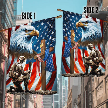 Patriotic Eagle Veteran Kneeling Soldier Christ Cross Memorial Garden Flag, House Flag