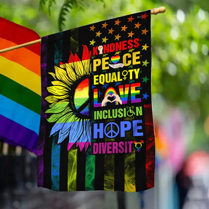 Kindness Peace Equality Love Inclusion Hope Diversity Sunflower Garden Flag, House Flag