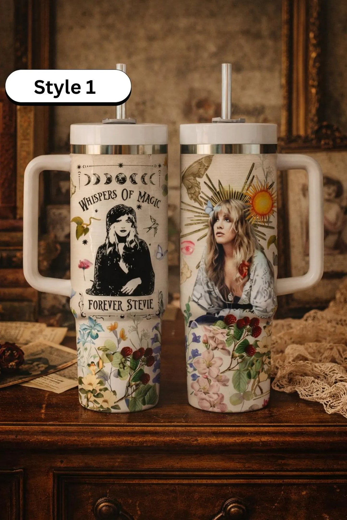 Gypsy Hippie Vintage Rock Floral Tumbler With Handle 40oz