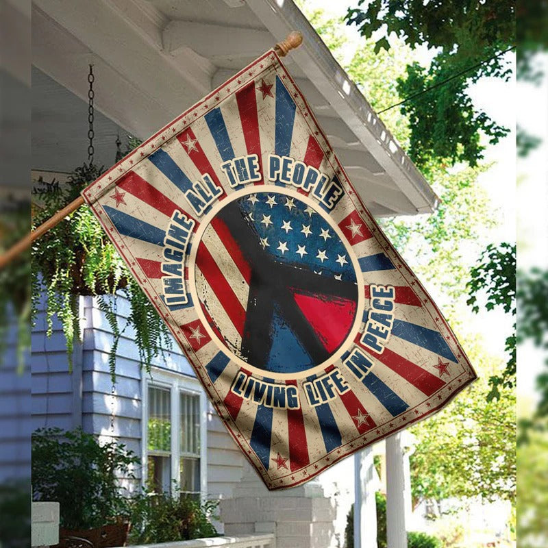 Hippie. Imagine All The People Living Life In Peace Garden Flag, House Flag